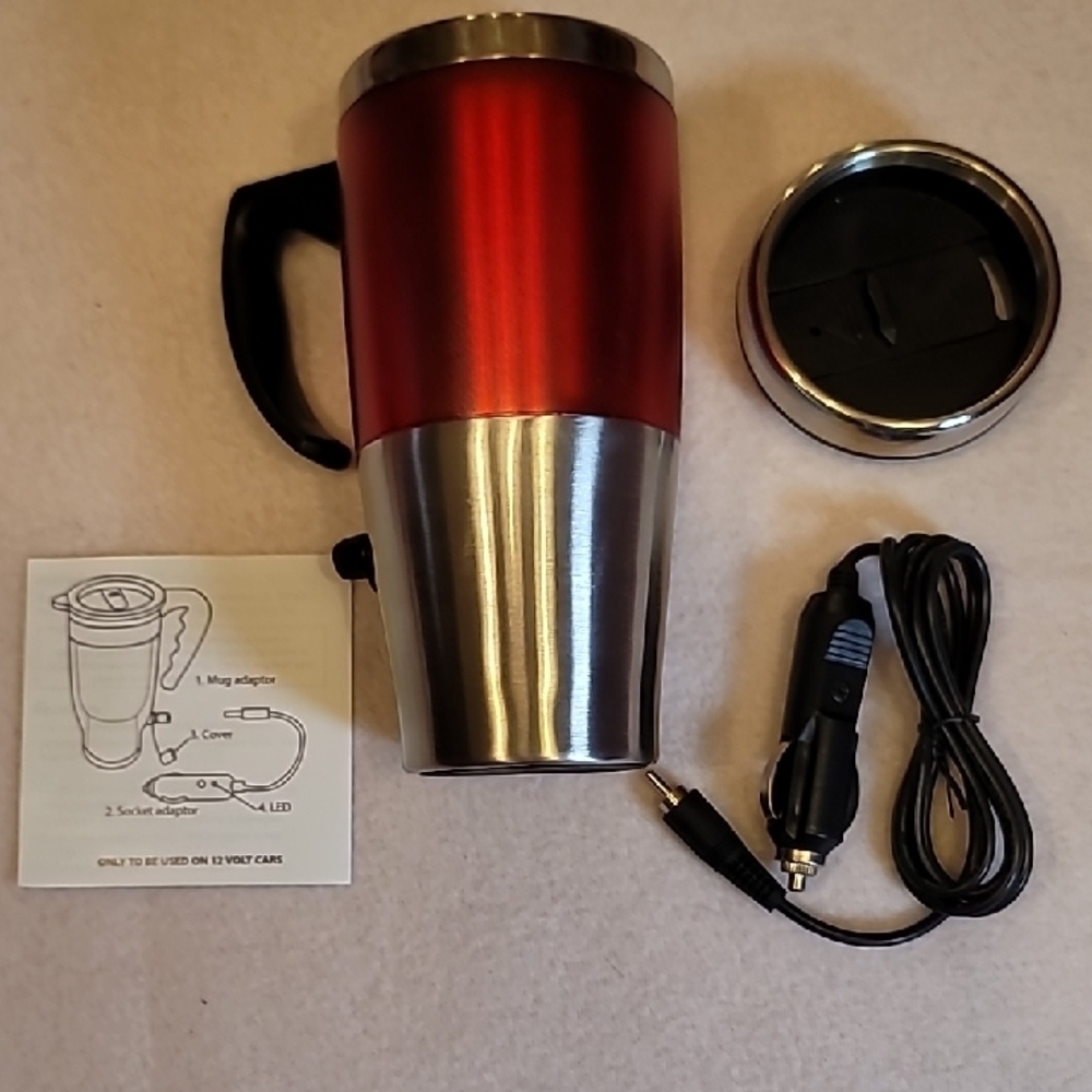 0800. NEW ~ Heated Travel Mug - Red & Silver ~ 12 Volt ~ 15oz. - Picture 2 of 9